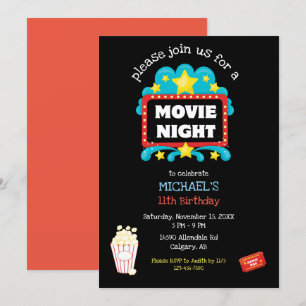 Movie Night Birthday Party Kids Popcorn Film Cute Invitation