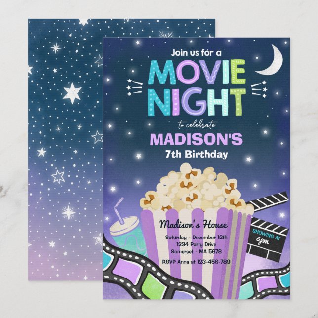 Movie Night Birthday Party Movie Sleepover Popcorn Invitation (Front/Back)