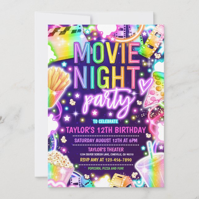 Movie Night Birthday Party Pastel Rainbow Movie Invitation (Front)