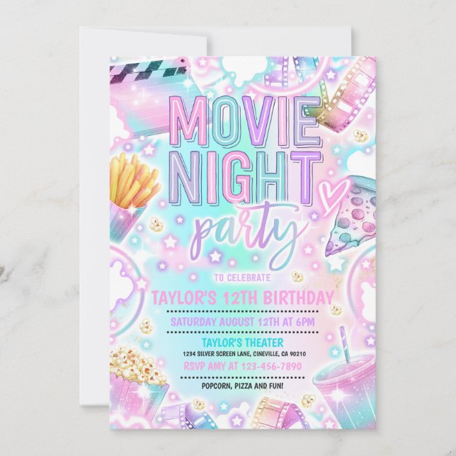 Movie Night Birthday Party Pastel Rainbow Movie Invitation (Front)