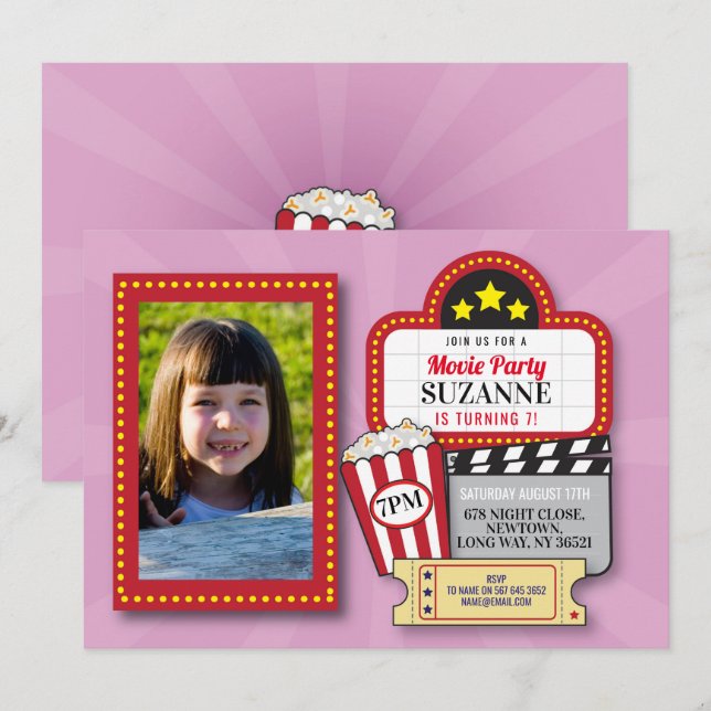Movie Night Birthday Party Pink Film Cinema Photo Invitation (Front/Back)