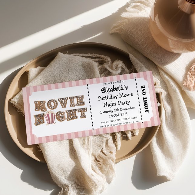 Movie Night Birthday Party Pink Ticket Style  Invitation (Creator Uploaded)