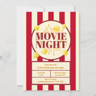 Movie Night Birthday Party - Red White Popcorn Bag Invitation