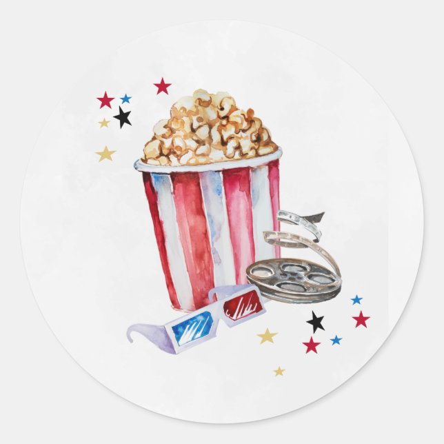 Movie Night Birthday Round Stickers, Cinema Tags (Front)