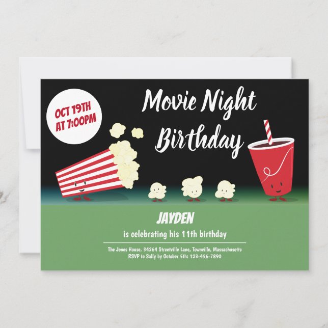 Movie Night Birthday Smiling Popcorn Black Green Invitation (Front)