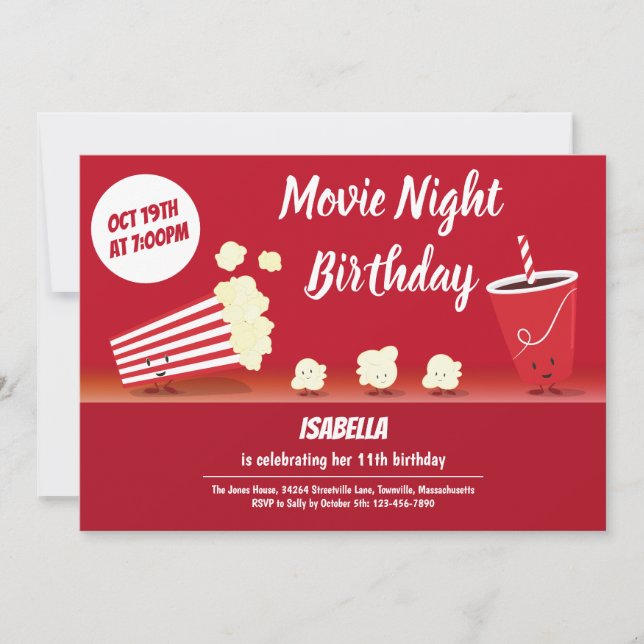 Movie Night Birthday Smiling Popcorn Cartoon Kids Invitation (Front)