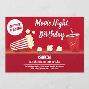 Movie Night Birthday Smiling Popcorn Cartoon Kids Invitation