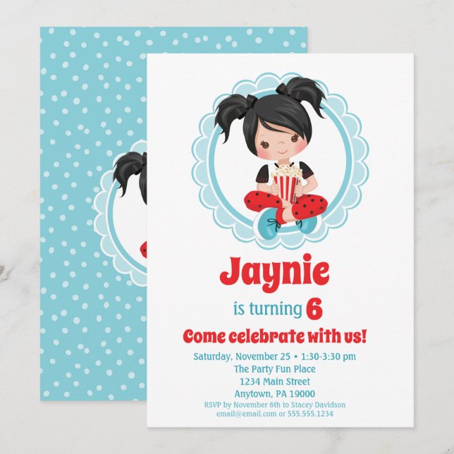 Movie Night Black Hair Girls Birthday Invitation (Front/Back)