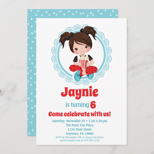 Movie Night Brown Hair Girls Birthday Invitation (Front/Back)