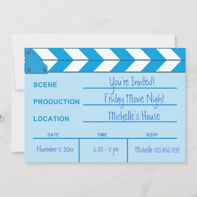 Movie Night Clapboard Invitation (Blue) (Front)
