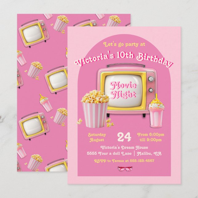Movie Night Doll Retro Pink TV Birthday Party Invitation (Front/Back)