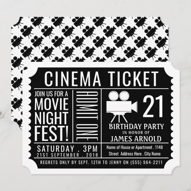 Movie Night Fest, Cinema Ticket, Birthday Party Invitation (Front/Back)