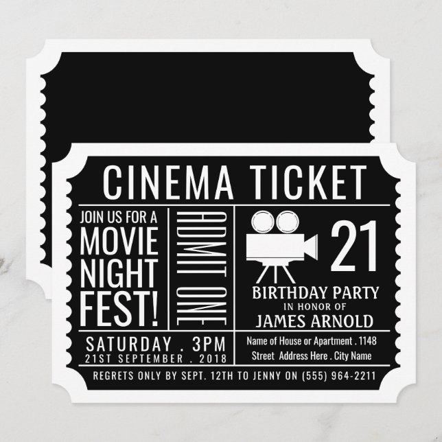 Movie Night Fest, Cinema Ticket, Birthday Party Invitation (Front/Back)