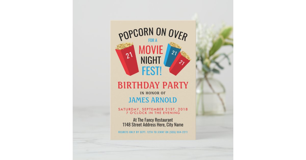 Movie Night Fest, Popcorn Box Birthday Party Invitation | Zazzle