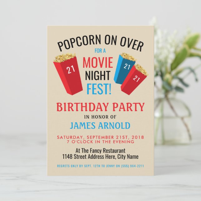 Movie Night Fest, Popcorn Box Birthday Party Invitation (Standing Front)