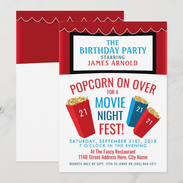 Movie Night Fest, Popcorn Cinema Birthday Party Invitation (Front/Back)
