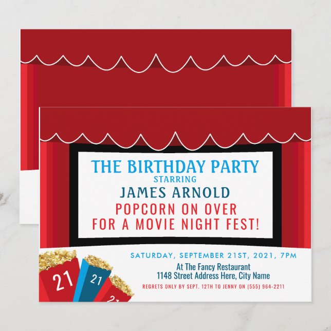Movie Night Fest, Popcorn Cinema Birthday Party Invitation (Front/Back)