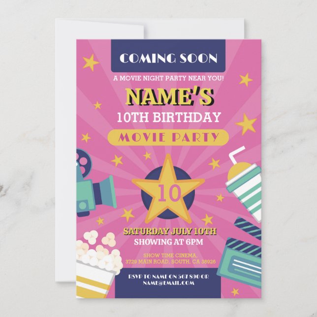 Movie Night Film Cinema Birthday Party Girls Pink Invitation (Front)