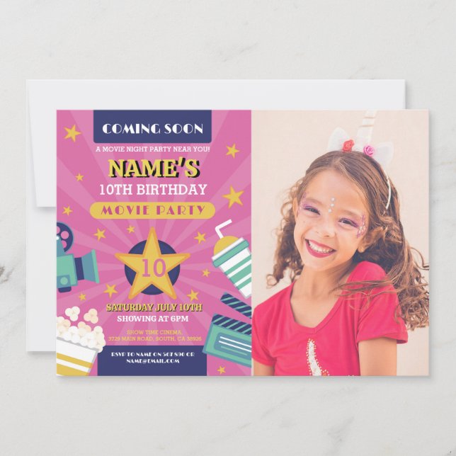 Movie Night Film Cinema Birthday Party Photo Pink Invitation (Front)