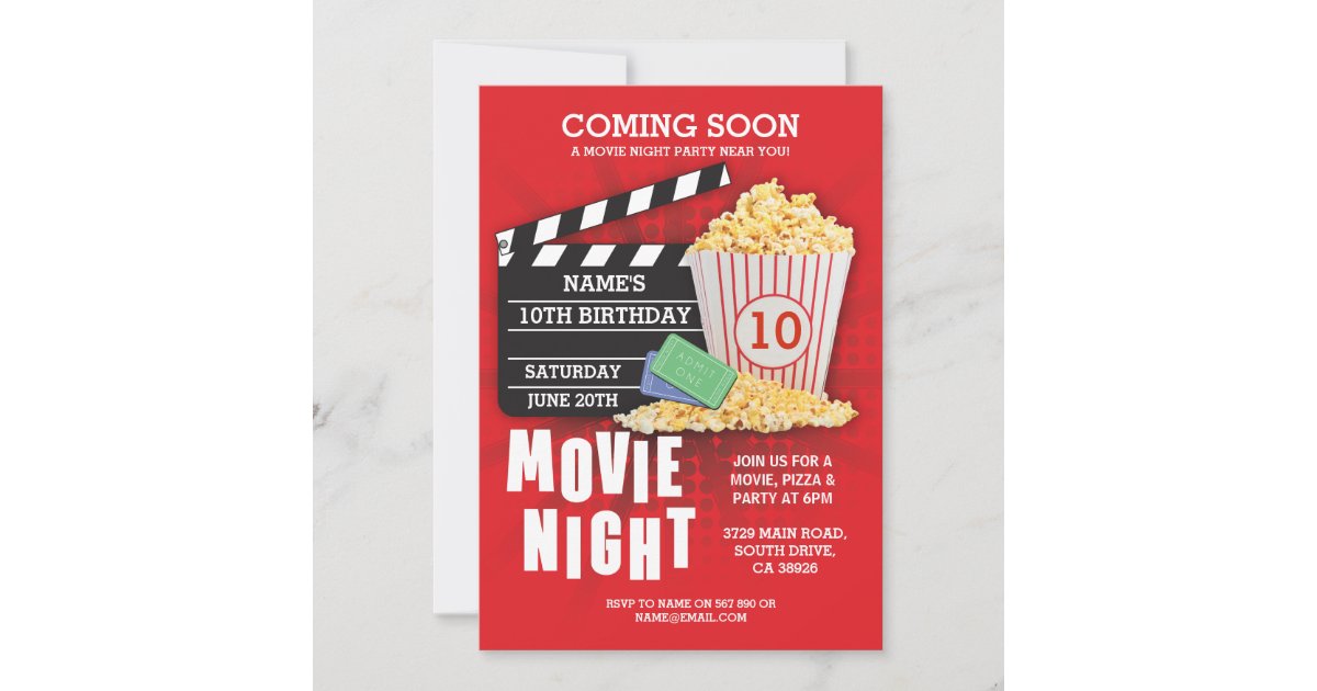Movie Night Film Cinema Birthday Party Red Invite | Zazzle