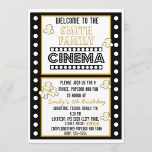 Movie Night Film Strip Popcorn Birthday Invitation