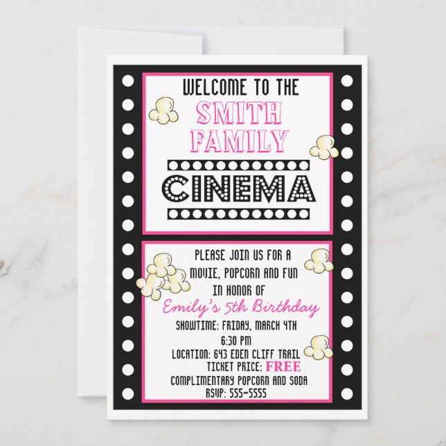 Movie Night Film Strip Popcorn Birthday Invitation (Front)