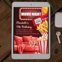 Movie Night Fun Modern Red Birthday