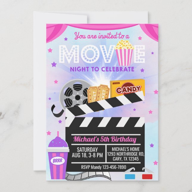 Movie night girl birthday invitation. invitation (Front)
