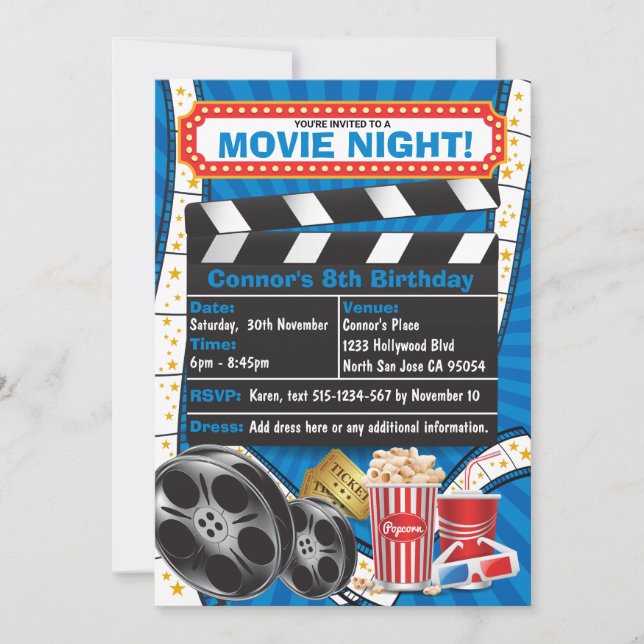 Movie Night Hollywood Birthday Party Invitation (Front)