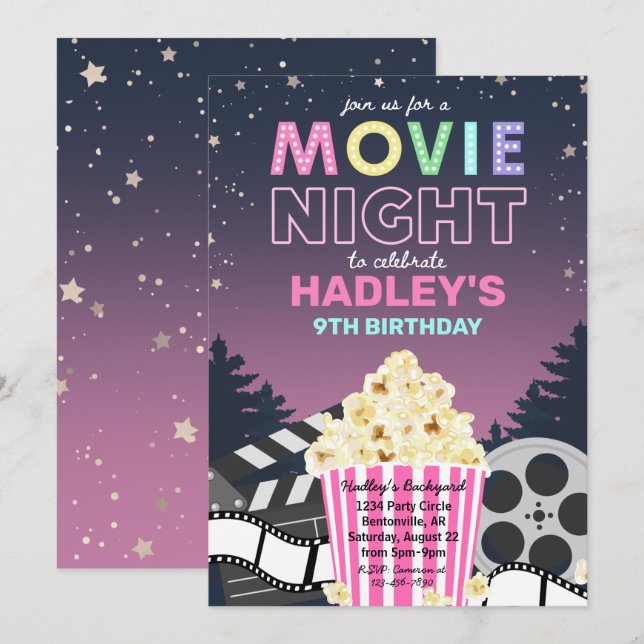 Movie Night Invitation | Movie Birthday Invitation (Front/Back)