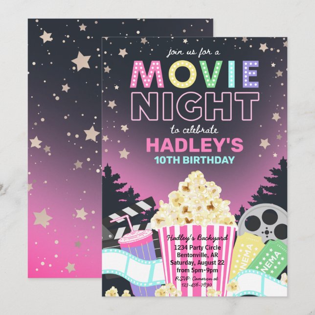 Movie Night Invitation | Movie Birthday Invitation (Front/Back)