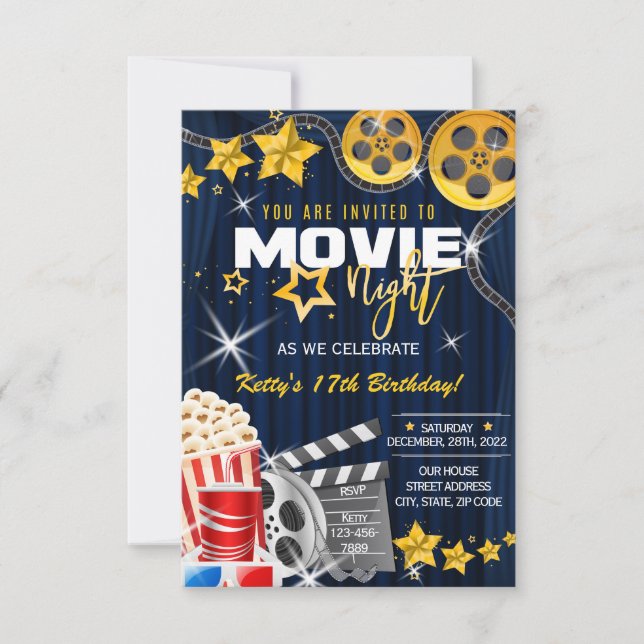 Movie night invitation, Movie birthday party Invitation (Front)