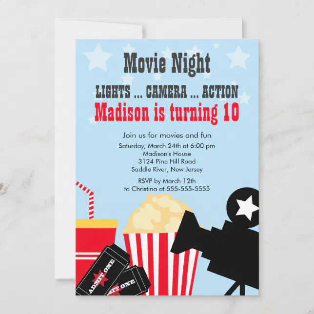 Movie Night Kids Birthday Party Invitation | Zazzle