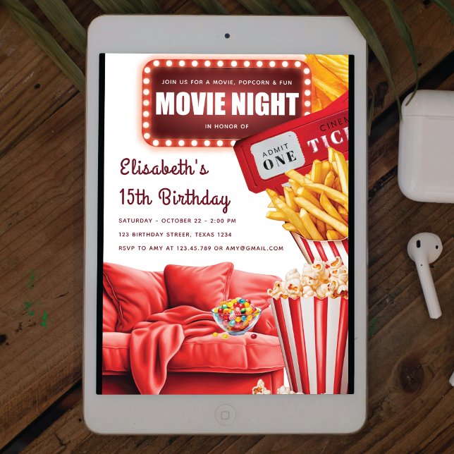 Movie Night Modern Red Birthday Invitation (Creator Uploaded)