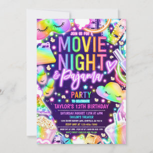 Movie Night Pajama Neon Rainbow Birthday Party Invitation