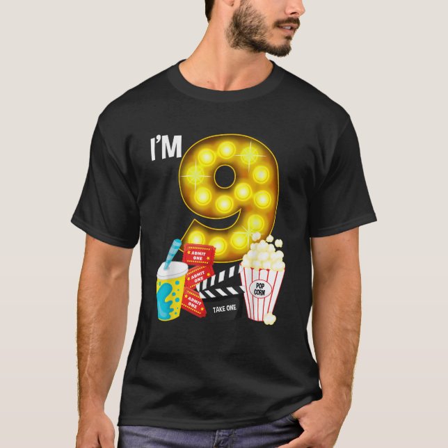 Movie Night Party 9th Birthday Movie Theme Kids Bi T-Shirt (Front)
