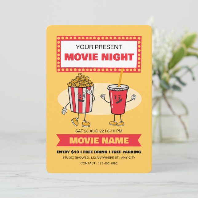Movie Night Party Invitation, Sleep Over Party Invitation (Standing Front)