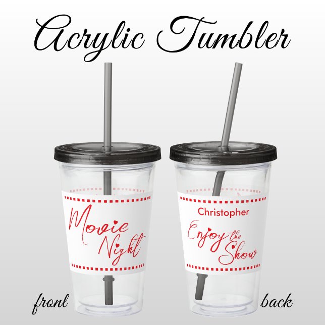 Movie night personalised name white red acrylic tumbler (Creator Uploaded)
