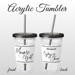 Movie night personalized name white black acrylic tumbler