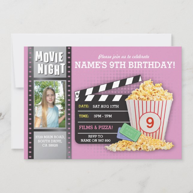 Movie Night Pink Cinema Birthday Party Photo Invitation (Front)