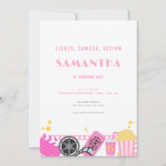Movie Night Pink Movie Theatre Birthday Invitation (Front)