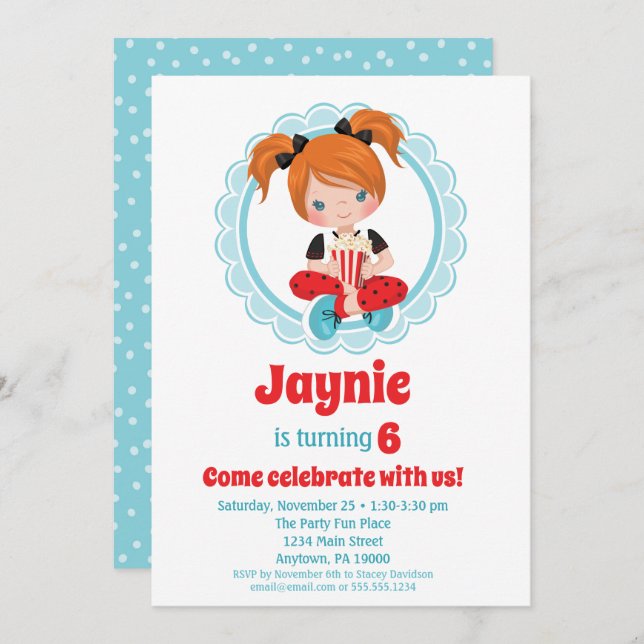 Movie Night Red Hair Girls Birthday Invitation (Front/Back)