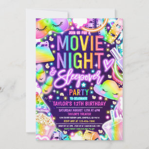 Movie Night Sleepover Neon Rainbow Birthday  Invitation