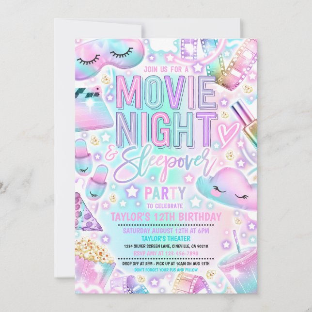 Movie Night Sleepover Pastel Rainbow Birthday  Invitation (Front)