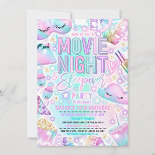 Movie Night Sleepover Pastel Rainbow Birthday Invitation