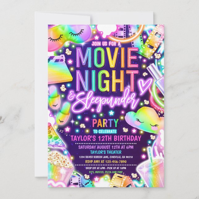 Movie Night Sleepunder Neon Rainbow Birthday Invitation (Front)