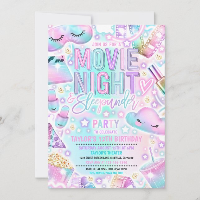Movie Night Sleepunder Pastel Rainbow Birthday Invitation (Front)