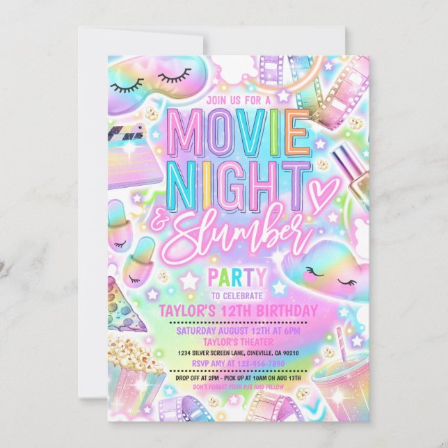 Movie Night Slumber Party Pastel Rainbow Birthday  Invitation (Front)