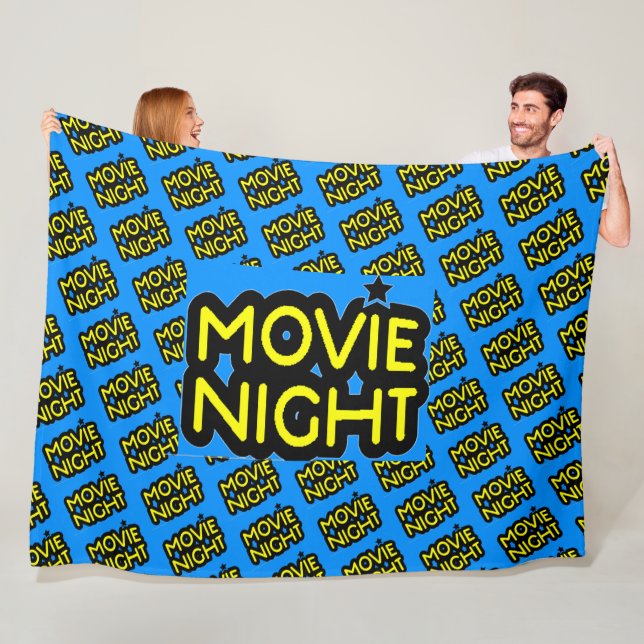 Movie Night Text on Blue Fleece Blanket (In Situ)