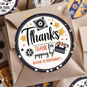 Movie Night Thank You Sticker   Popcorn Birthday 